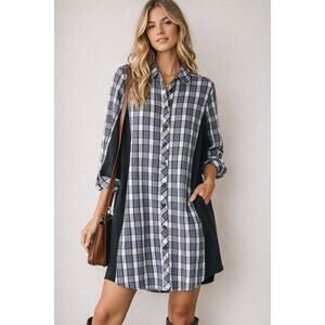 Finley Charcoal Plaid Button Down Shirt Dress XS Oversized Long Sleeve